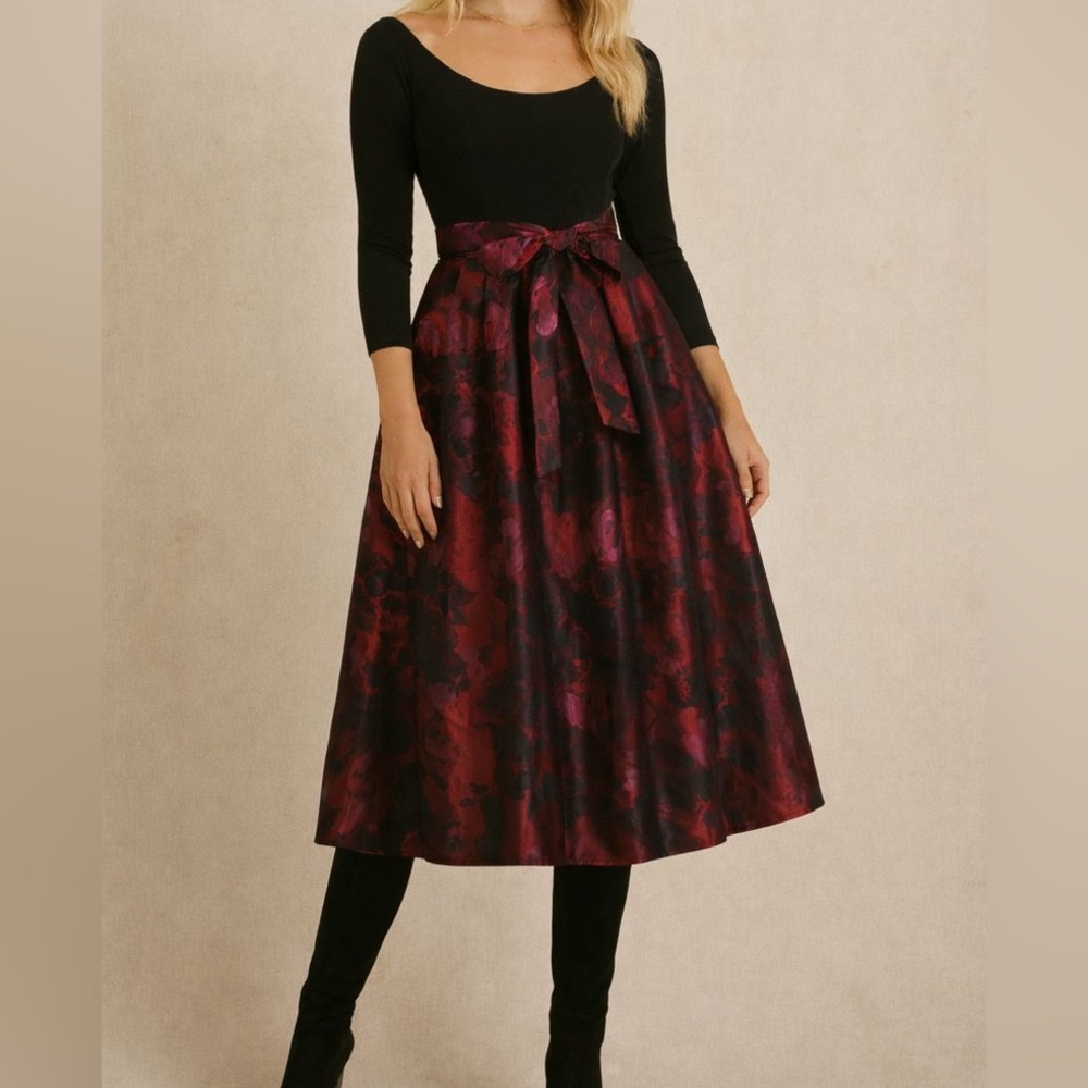 Eliza‎ J Floral Fit Flare Dress 6 Black Pink Satin Holiday Party Wedding Guest